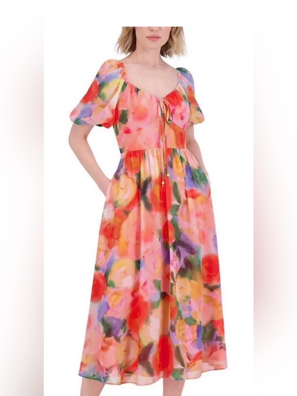 Vince Camuto Pink Coral Multi Floral Tie-Front Midi Dress Originally $168